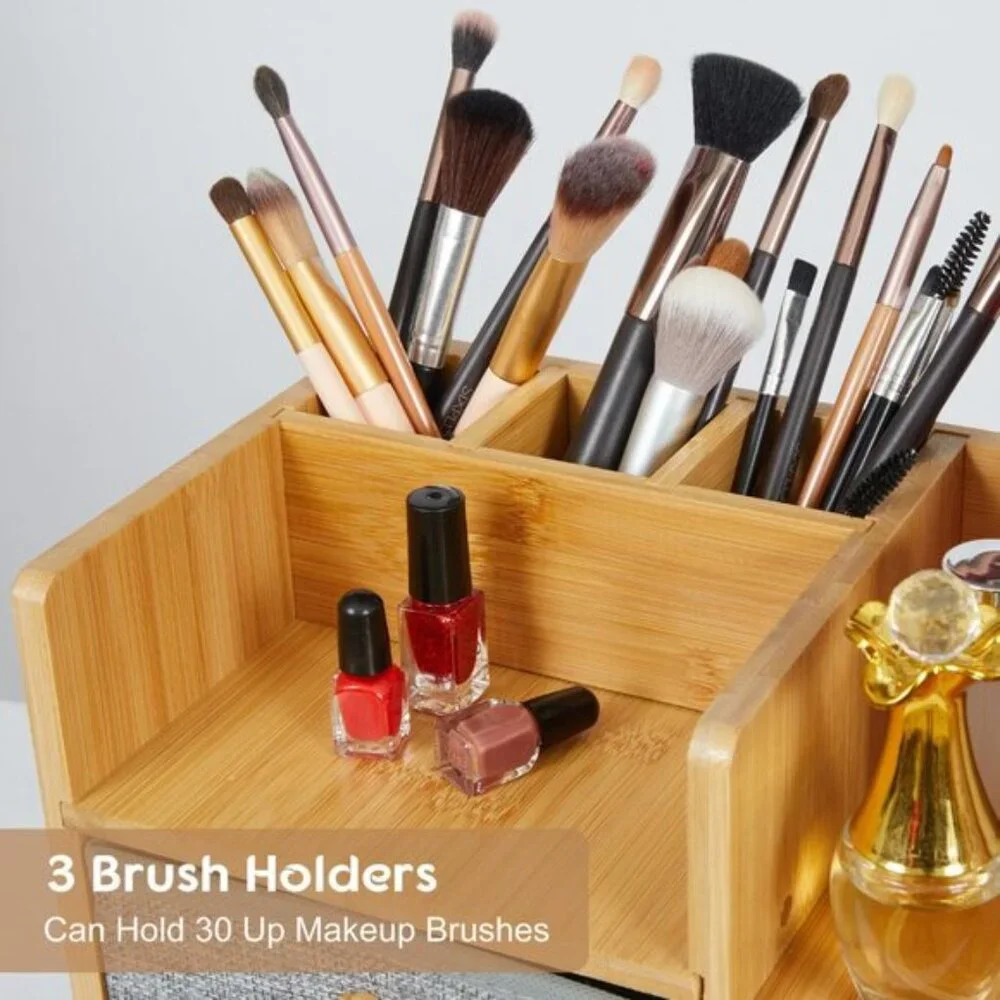 Bamboo Makeup Organizer with Brush Holder, Drawers & Shelves for Vanity & Room